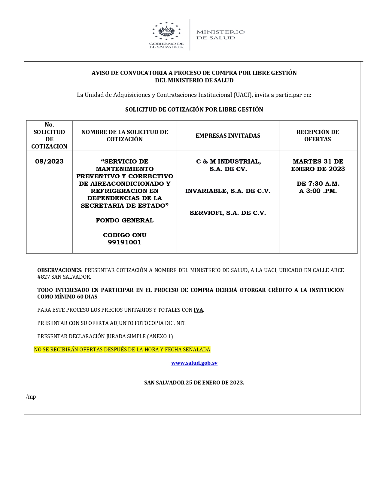 Quinto Tina nacido SCLG 08/2023 | 20230004 "SERVICIO DE MANTENIMIENTO PREVENTIVO Y CORRECTIVO  DE AIRE ACONDICIONADO Y REFRIGERACIÓN EN DEPENDENCIAS DE LA SECRETARIA DE  ESTADO" - Ministerio de Salud